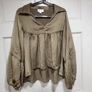 &Mercy Women Blouse Ballon Sleeve Boho Olive Flowy Top Medium Oversized Casual
